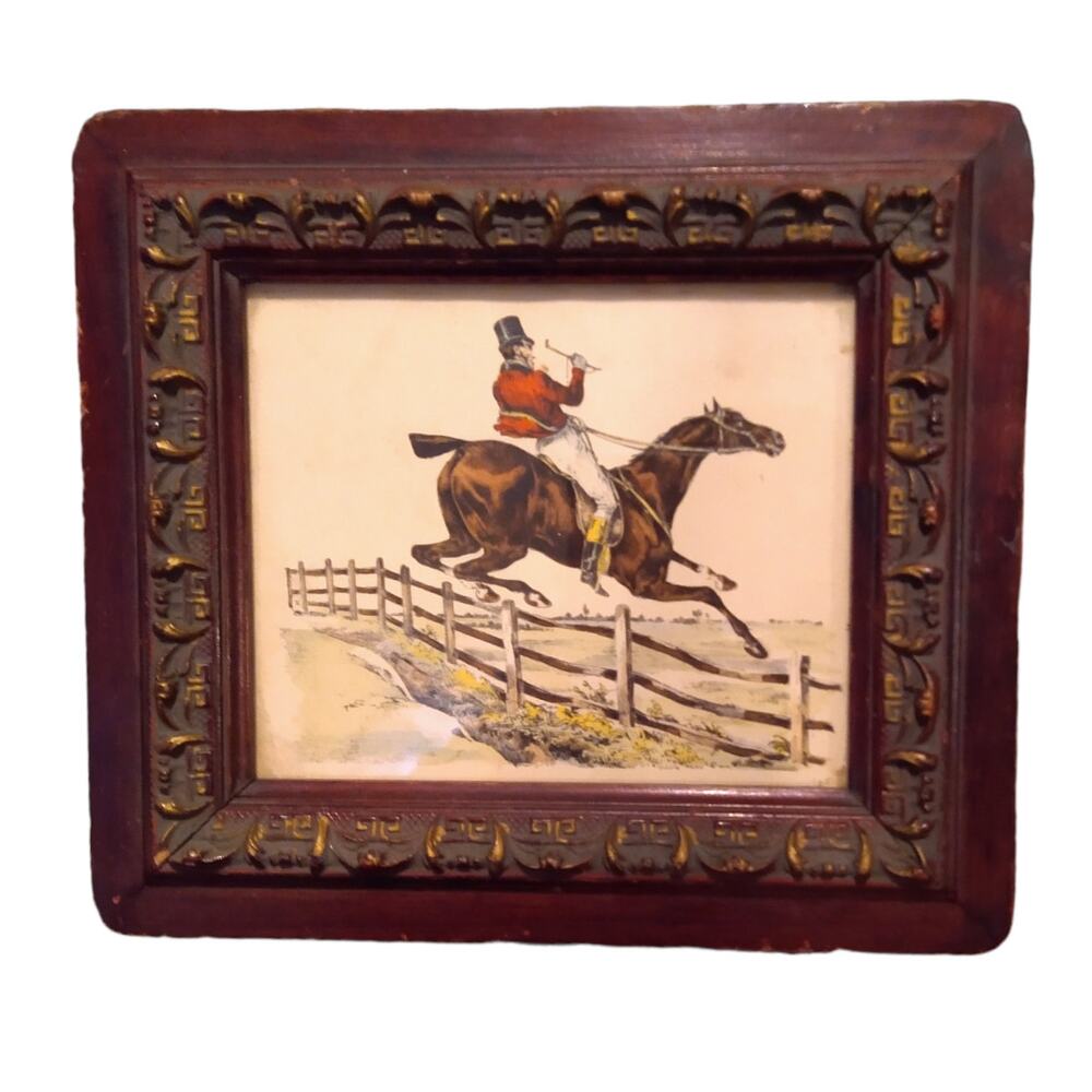 Antique 19th Century Hand Colored Leaping Equestrian Horse Jump Print